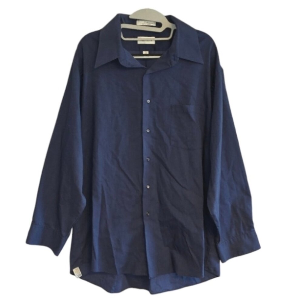 Van Heusen Pique Mens Dress Shirt Navy Blue Preppy Business Casual